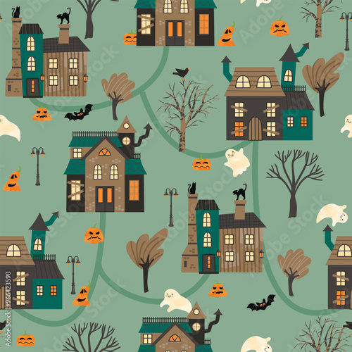 Funny seamless pattern with Halloween village.Cartoon background with haunted houses,pumpkins,black cats,crow,trees,bat and cute ghosts.Colorful vector design for printing on fabric and paper,textile.