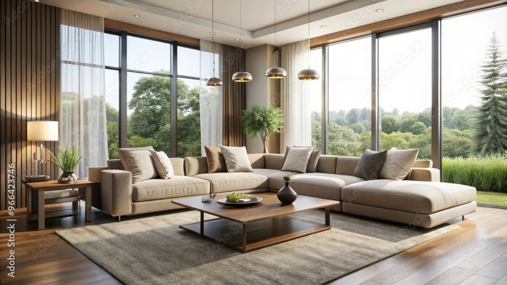 Elegant modern living room with a minimalist aesthetic, natural light pouring through large windows, and a plush sectional sofa in a soothing neutral color palette.