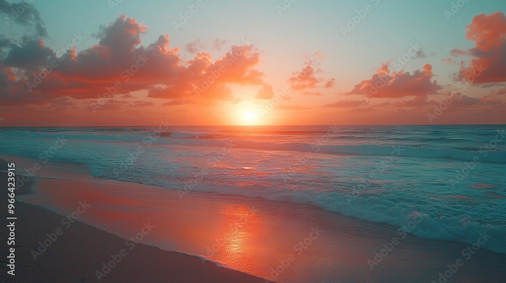 Fototapeta premium The sky is pink and blue as the sun sets over the ocean and waves crash onto the beach