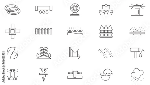 Irrigation system line icon collection. Smart farm, farming technology, bulb, plant, water tank, gardening. Sow, irrigate, barrier icon set. Ui outline icon pack.