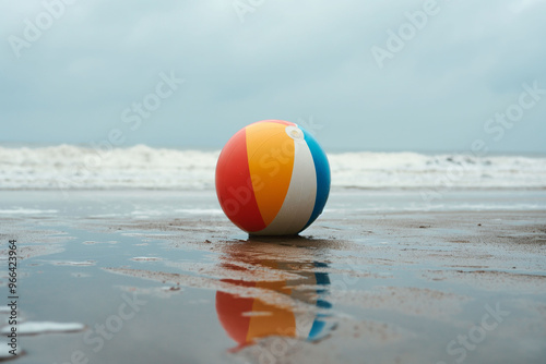 Colorful beach ball resting on a wet sandy shore, with gentle ocean waves in the background, evoking a peaceful and nostalgic feeling of summer at the beach