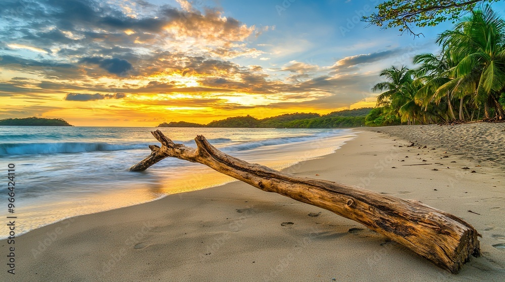 Obraz premium A log rests on a sandy shore beside the ocean during sunset, with palm trees framing the scene