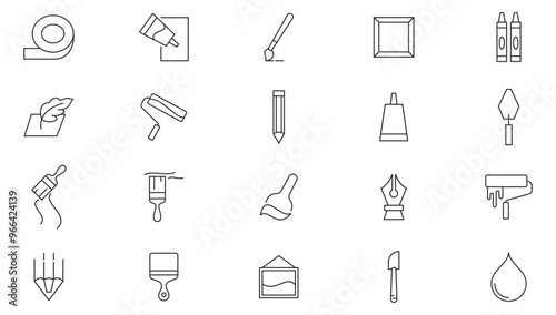 Brushes and painting line icon collection. Paint, paint roller, brush,  hammer, paint Bucket,  Spray, color palette, materials icon set. UI outline icon pack.