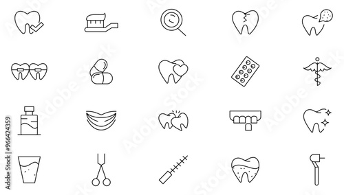 Dental clinic line icon collection. Dentistry, dentist, toothpaste, treatment, toothbrush, teeth, implant doctor, and check up icon set. UI outline icon pack