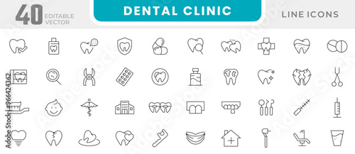 Dental clinic line icon collection. Dentistry, dentist, toothpaste, treatment, toothbrush, teeth, implant doctor, and check up icon set. UI outline icon pack