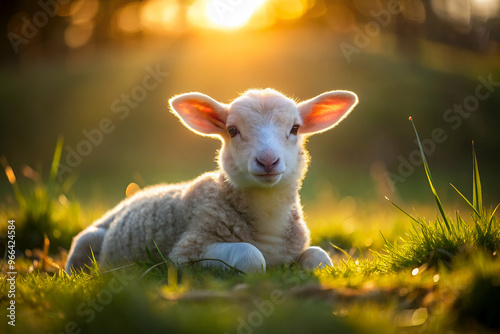 A baby lamb is laying in the grass, looking up at the camera. The scene is peaceful and serene, with the sun shining down on the lamb and the grass. The lamb appears to be content and relaxed