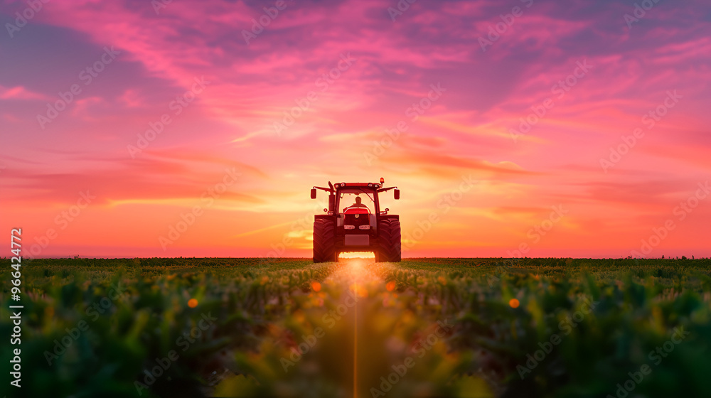 Fototapeta premium Red Tractor The Field With Amazing Sunset Backg