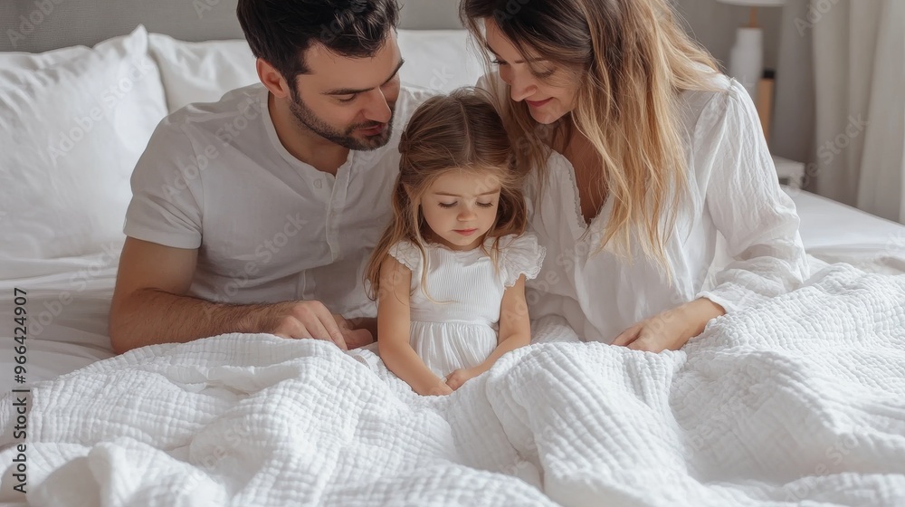 A family of three in bed enjoying their time together, highlighting family bonding, relaxation, and togetherness A family of three in bed enjoying their time together, highlighting family bonding, relaxation, and togetherness