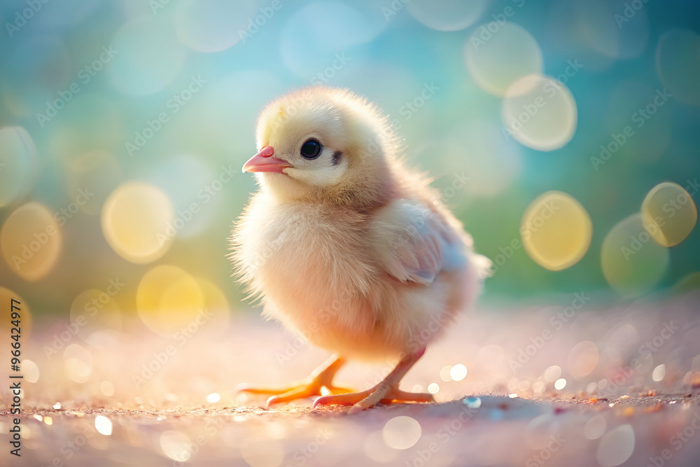 A baby chick is standing on a surface with a blurry background. The chick is small and cute, and the background is blurry, giving the image a dreamy, ethereal quality A baby chick is standing on a surface with a blurry background. The chick is small and cute, and the background is blurry, giving the image a dreamy, ethereal quality
