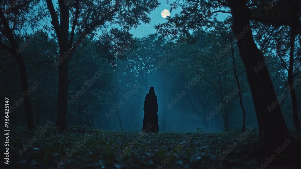 A mysterious figure stands in a dark forest under a full moon, creating an eerie atmosphere. A mysterious figure stands in a dark forest under a full moon, creating an eerie atmosphere.