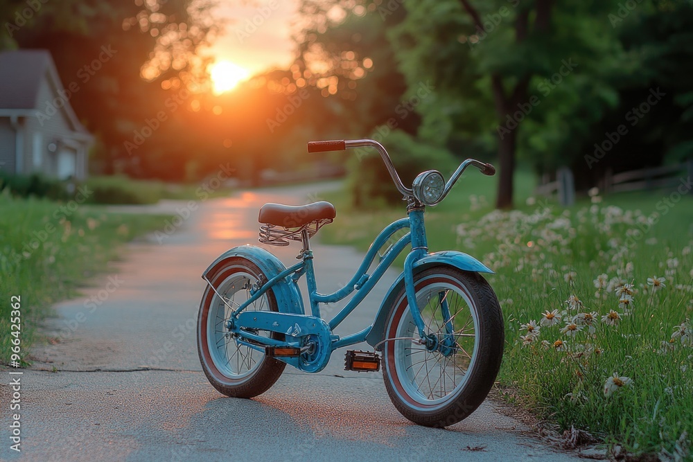 Obraz premium Blue Bicycle Parked on a Path at Sunset