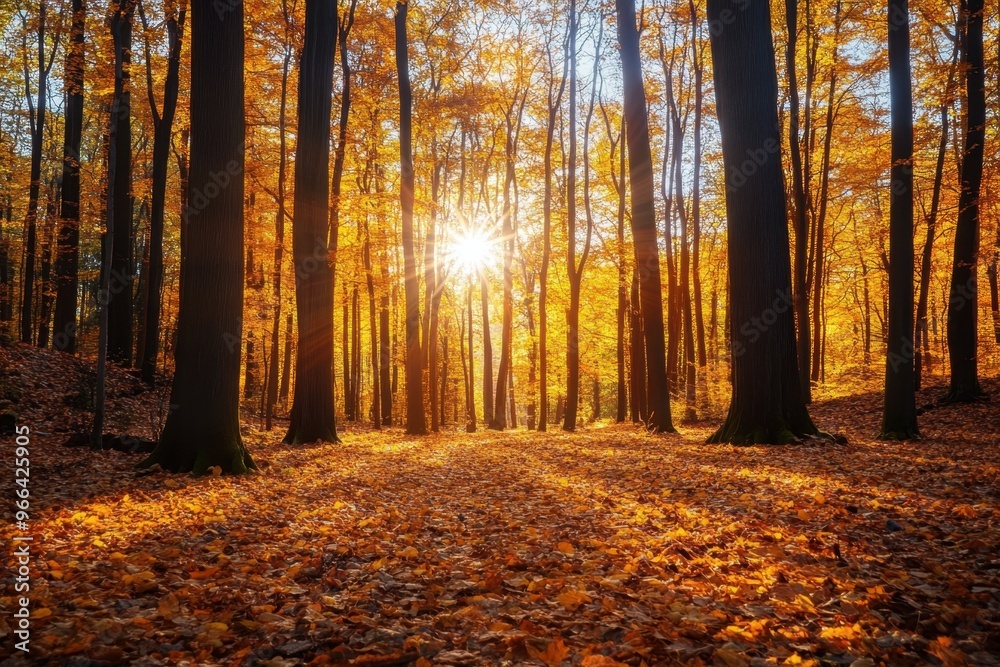 Fototapeta premium A forest of trees in autumn, with leaves turned golden and the sun shining through them, creating an enchanting scene of nature's beauty Generative AI