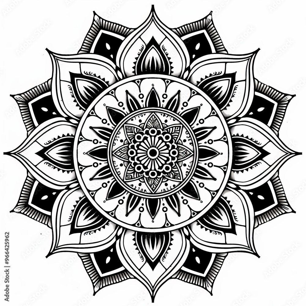 Black and white mandala with complex shapes and detailed lines, showcasing artistic design, symmetry, and cultural patterns Black and white mandala with complex shapes and detailed lines, showcasing artistic design, symmetry, and cultural patterns