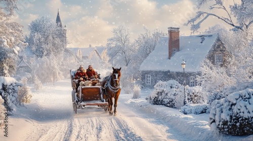 Horse-drawn sleigh ride through a snowy village, traditional winter scene