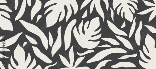 Monochromatic nature inspired shapes. Cute botanical shapes pattern, random cutouts of tropical leaves and flowers.