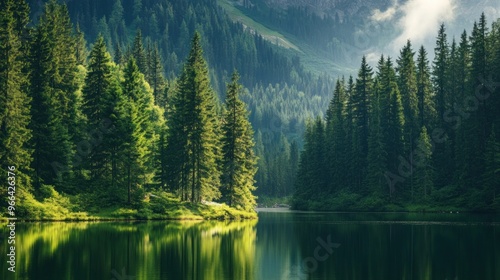 Serene Mountain Lake Reflecting Lush Green Pines