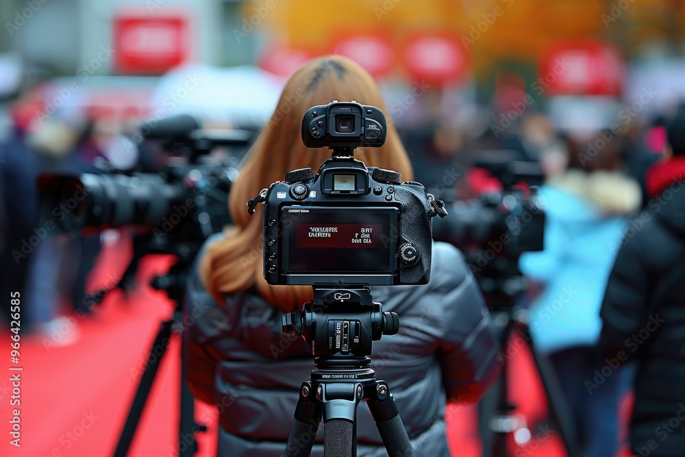 Fototapeta premium Camera on a Tripod at a Red Carpet Event