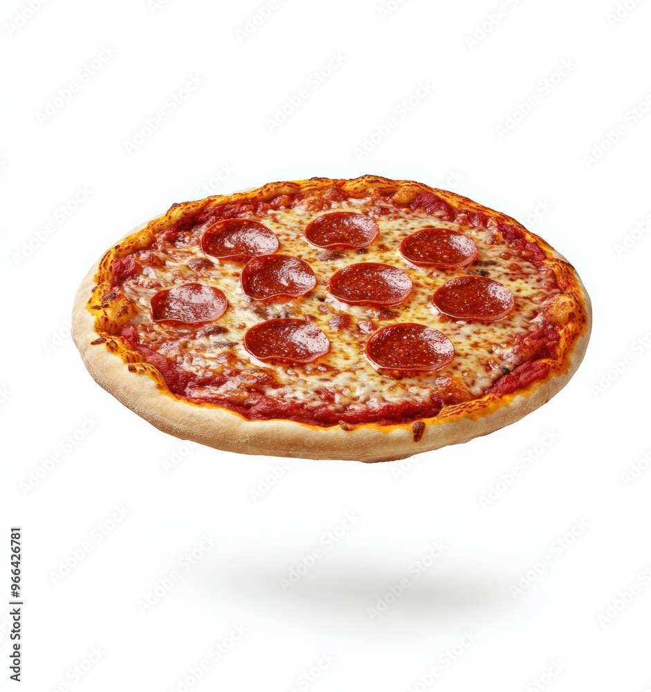 A flying pizza with pepperoni on a white background. Pizza and beer day A flying pizza with pepperoni on a white background. Pizza and beer day
