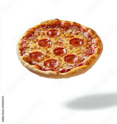 A flying pizza with pepperoni on a white background. Pizza and beer day