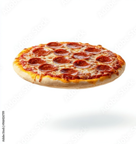 A flying pizza with pepperoni on a white background. Pizza and beer day