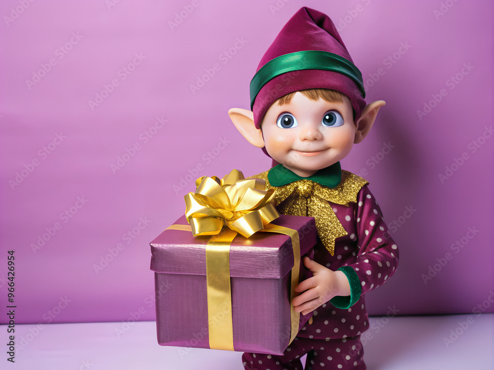 Fototapeta premium Christmas elf with christmas gift on isolated background