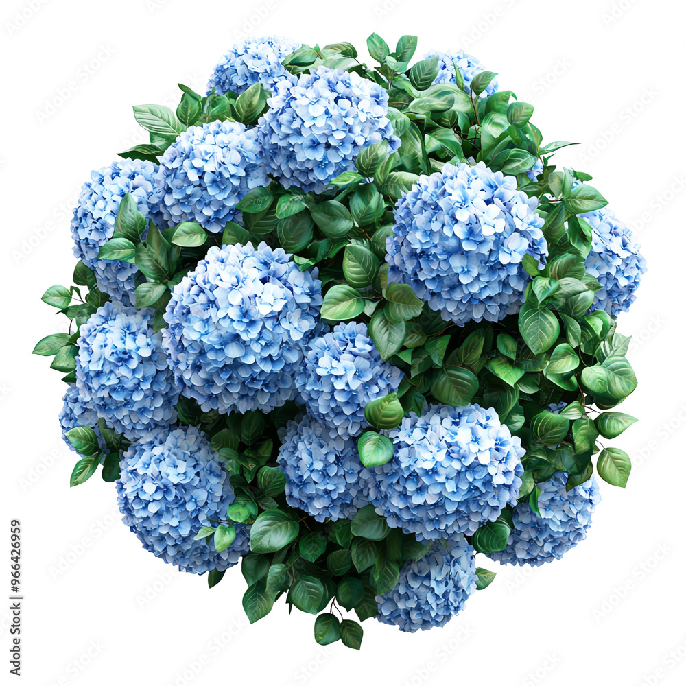 A lush cluster of blue hydrangea flowers surrounded by vibrant green leaves against a Transperant background.. A lush cluster of blue hydrangea flowers surrounded by vibrant green leaves against a Transperant background..