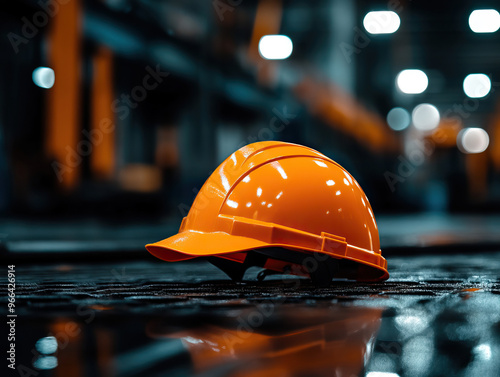 A bright orange safety helmet resting on a wet surface in a well-lit industrial environment, symbolizing workplace safety. photo