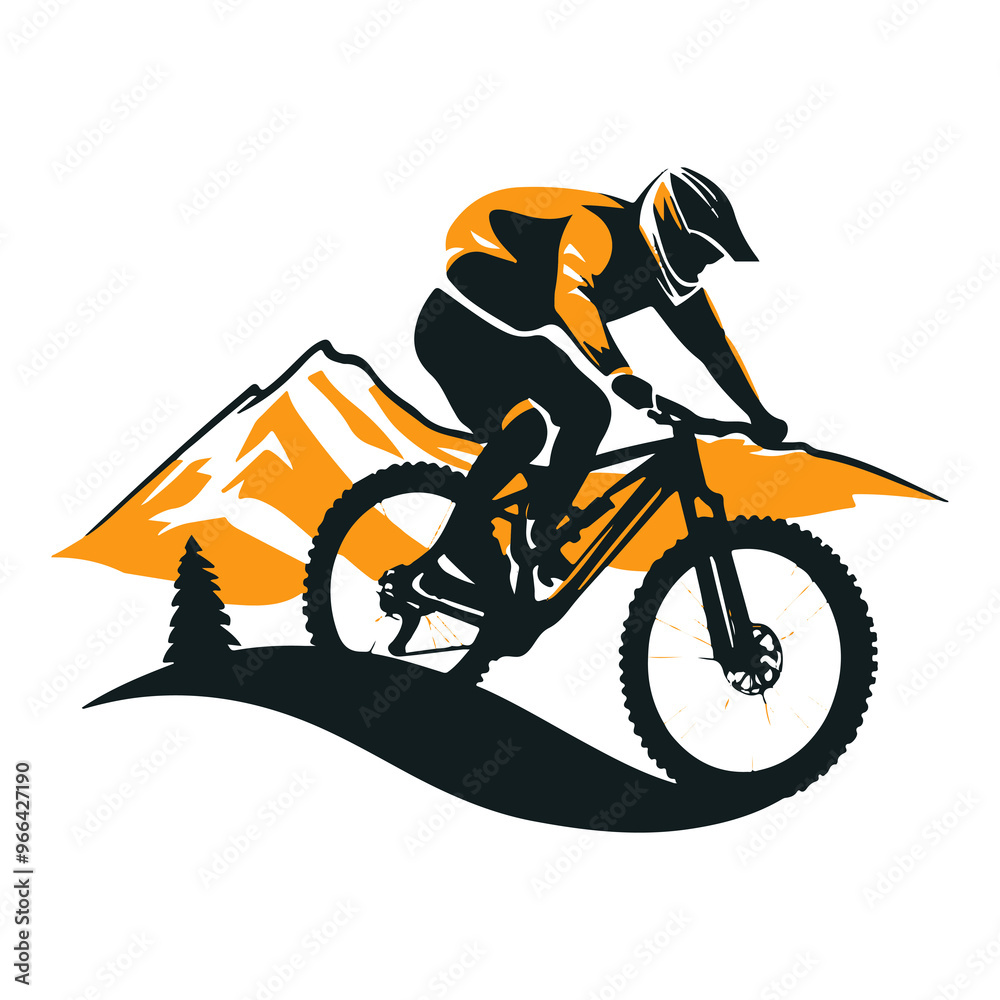 Obraz premium Minimalist mountain bike (MTB) logo featuring a bold bike silhouette against rugged terrain. Ideal for outdoor adventure and cycling brands, with earthy tones for a dynamic and professional look