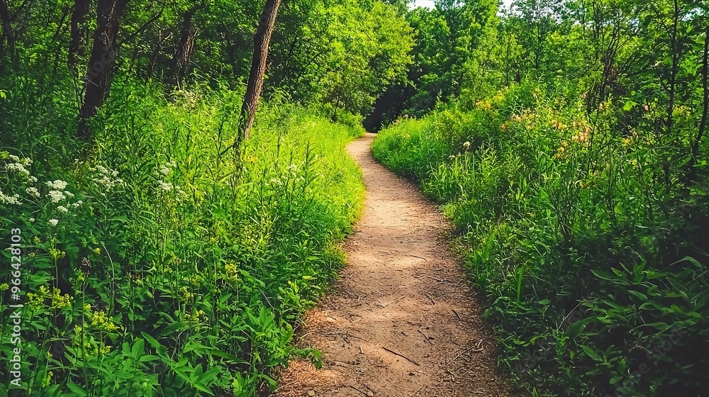 A narrow trail lined with dense foliage and towering vegetation on either side A narrow trail lined with dense foliage and towering vegetation on either side