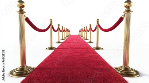 Perspective view red velvet rope barrier and golden poles and red carpet isolated on white background