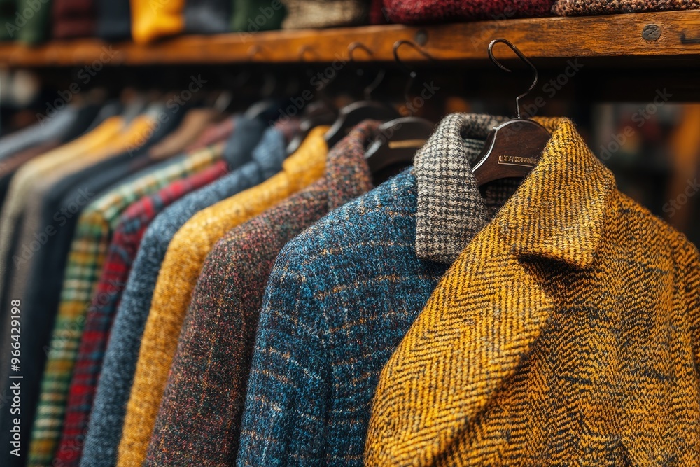 Obraz premium Closeup of Colorful Wool Jackets Hanging on Wooden Rack
