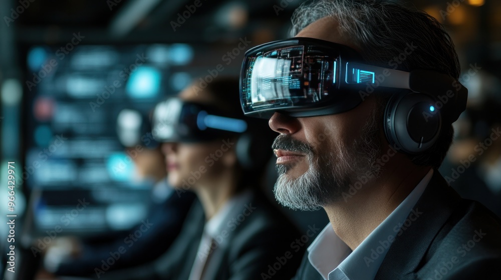 Professionals in a conference room, augmented reality headsets displaying real-time analytics, forward-thinking business approach, high-tech interaction Professionals in a conference room, augmented reality headsets displaying real-time analytics, forward-thinking business approach, high-tech interaction