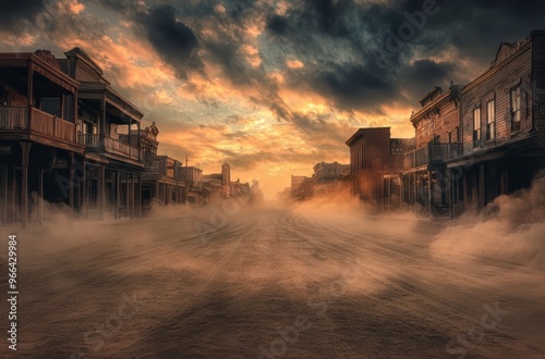 An old western town at sunset with dusty streets and vintage buildings