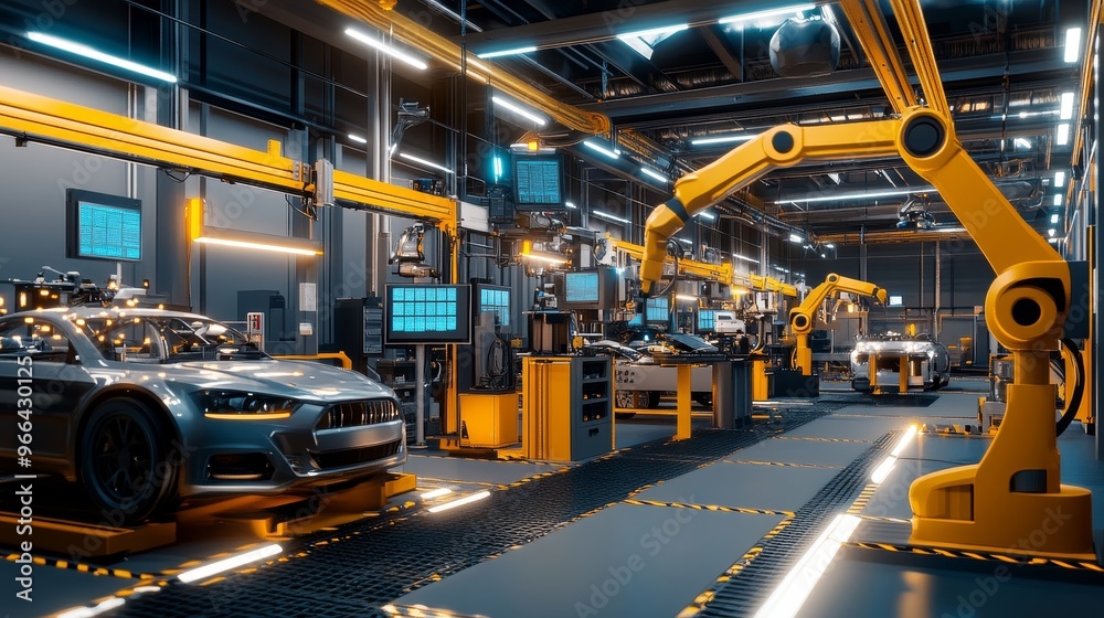 A modern automotive factory featuring robotic arms and vehicles in a high-tech assembly line. A modern automotive factory featuring robotic arms and vehicles in a high-tech assembly line.
