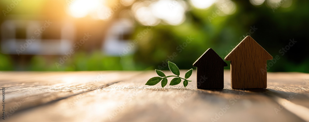 Charming wooden houses on a table with green leaves, showcasing tranquility and connection to nature in a serene outdoor setting.