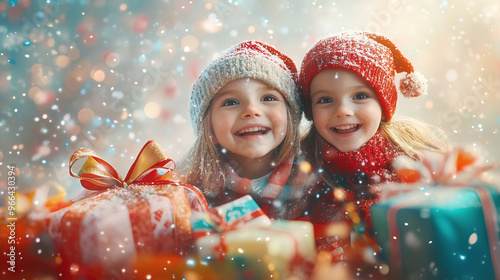 Two happy children are lying down with christmas presents under a magical snowfall