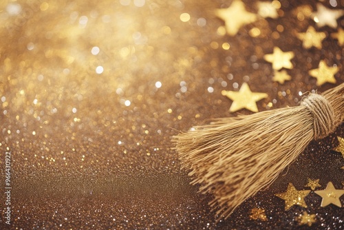 A whimsical scene featuring a broom and golden stars on a glittery background.