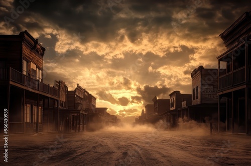 An old western town at sunset with dusty streets and vintage buildings