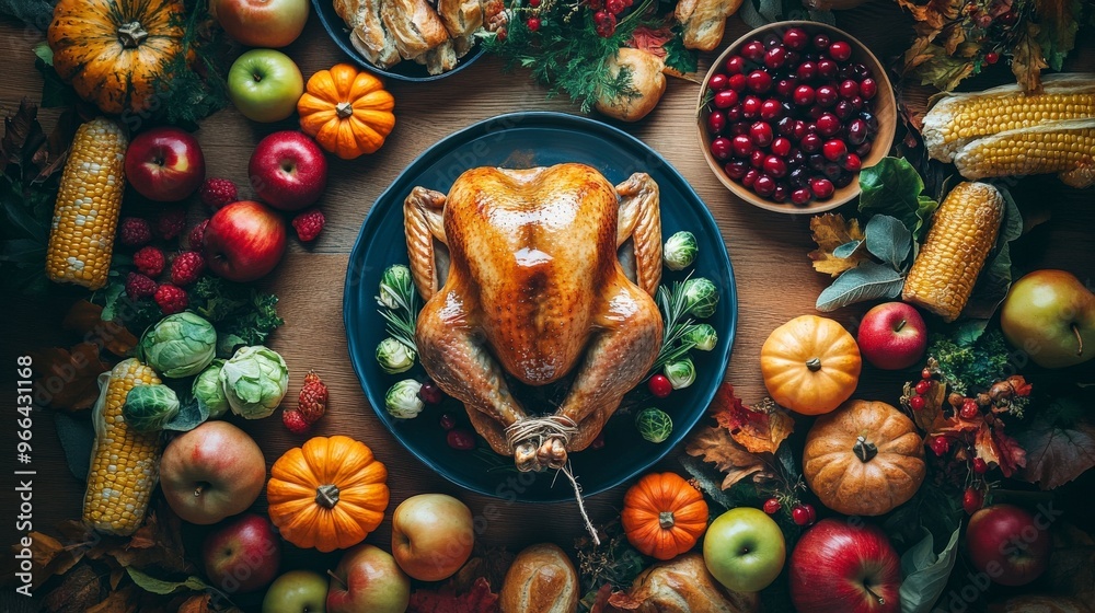 Fototapeta premium Thanksgiving Feast with Roasted Turkey and Traditional Side Dishes