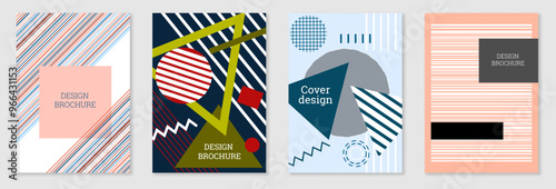 WebSet of cover design in Memphis style. Geometric design, abstract background. Fashionable bright cover, banner, poster, booklet. Creative colors. photo