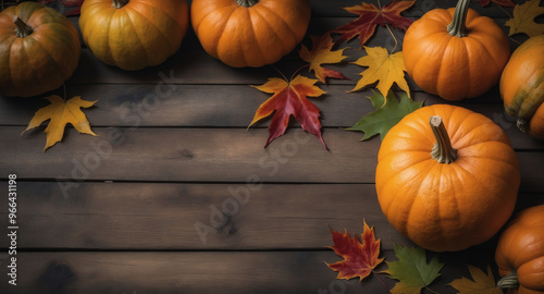 Rustic wooden table is decorated with pumpkins and colorful maple leaves, creating a warm and inviting autumn atmosphere