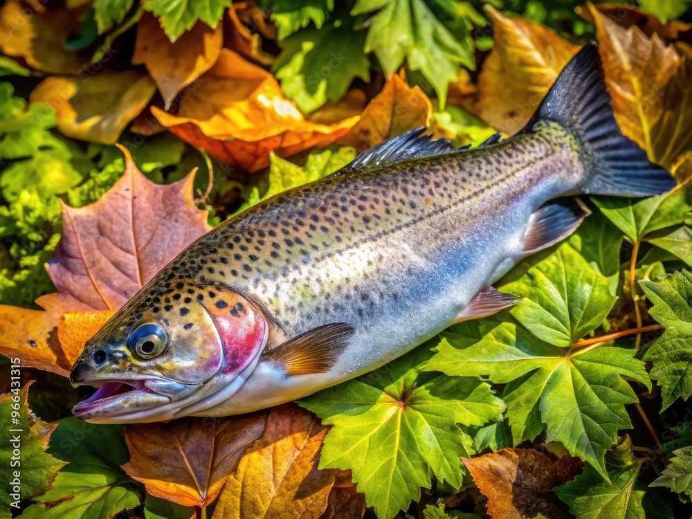 Freshly caught speckled trout lies on a bed of crisp green leaves, its iridescent scales glistening in the sunlight, showcasing its vibrant colors and intricate patterns. Freshly caught speckled trout lies on a bed of crisp green leaves, its iridescent scales glistening in the sunlight, showcasing its vibrant colors and intricate patterns.