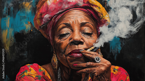 Colorful portrait painting of an old afro woman with a colorful headscarf smoking a cigarillo, representing the santeria religion