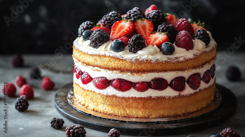 Layered cake with sponge cake and cream topped with fresh blueberries, blackberries, strawberries and raspberries