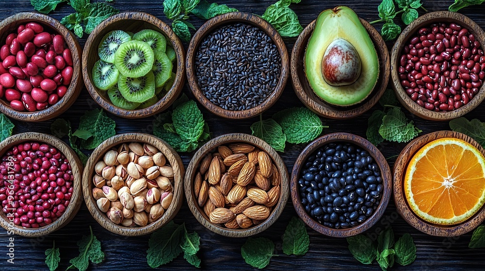 A set of bowls brimming with various fruits and veggies adjacent to an avocado, orange, and kiwis A set of bowls brimming with various fruits and veggies adjacent to an avocado, orange, and kiwis