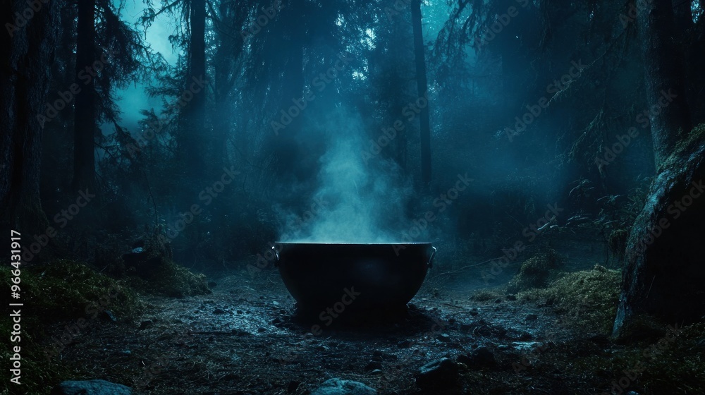 A mysterious cauldron emitting steam in a dark, misty forest setting. A mysterious cauldron emitting steam in a dark, misty forest setting.