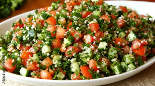  A white bowl holds a fresh salad featuring juicy tomatoes, crunchy cucumbers, and aromatic herbs atop a rustic wooden table