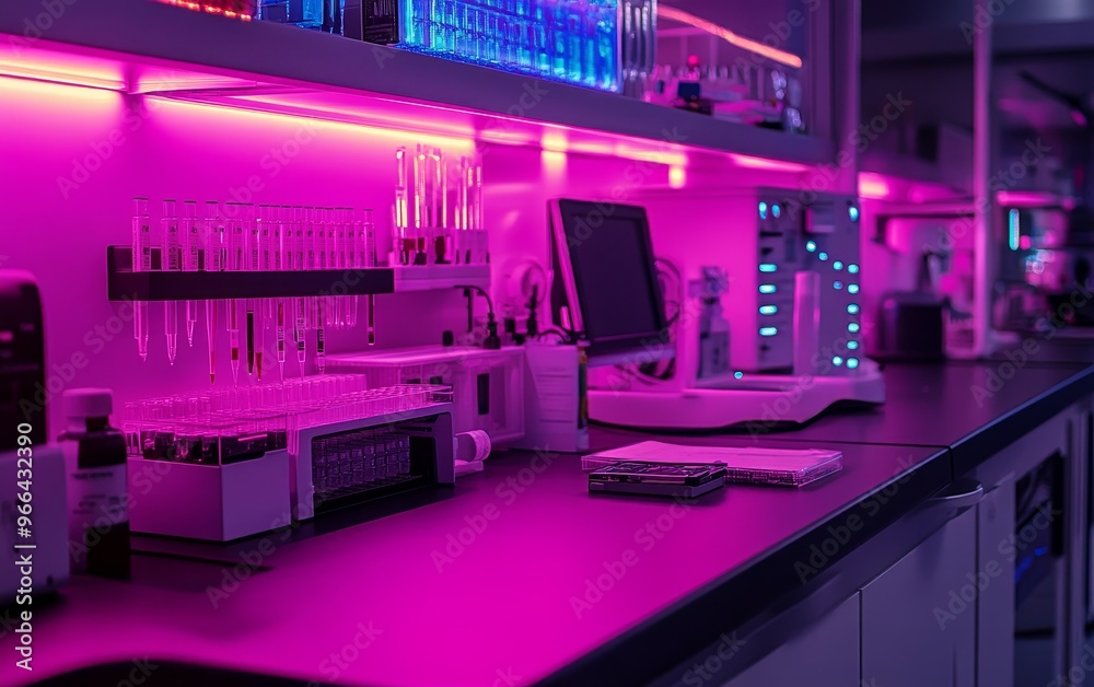 A modern laboratory workspace illuminated with vibrant pink lighting, featuring various scientific equipment and glassware. A modern laboratory workspace illuminated with vibrant pink lighting, featuring various scientific equipment and glassware.