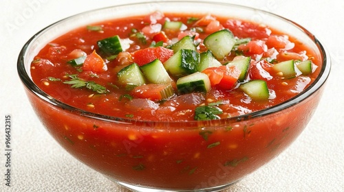  A bowl of tomato and cucumber soup with a garnish on top