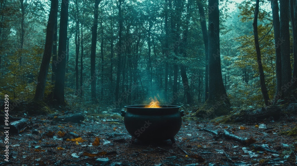 A cauldron over a small fire in a misty forest setting. A cauldron over a small fire in a misty forest setting.